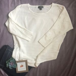 Waffle Knit White Sweater w/Cropped Sleeves